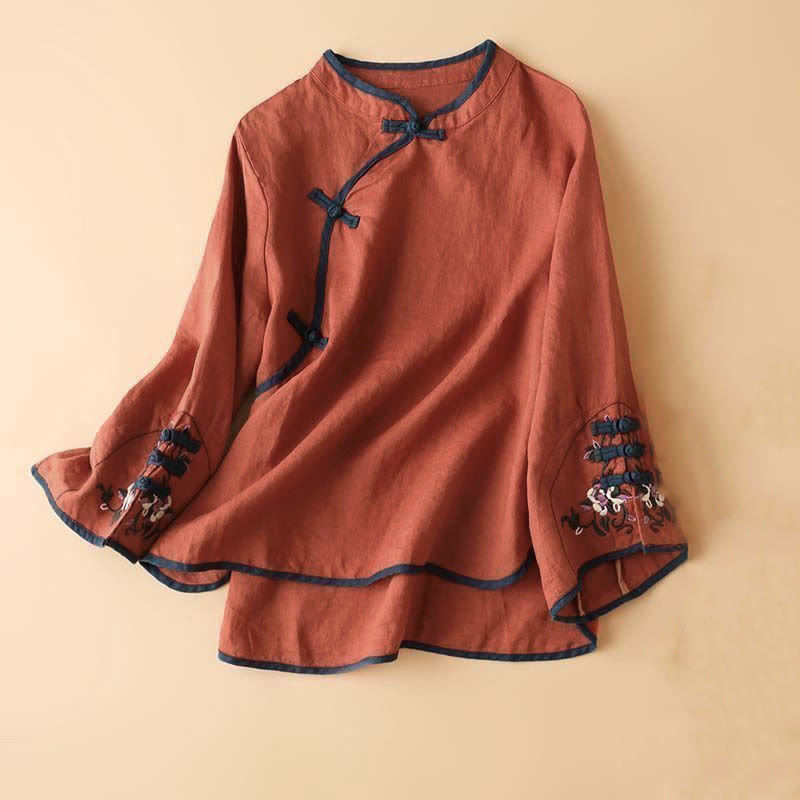 Chemise à manches longues en coton et lin pour femme avec broderie de fleurs rétro et Buddha Stones - Rouge - US14，UK/AU18，EU46 (4XL) - image 0