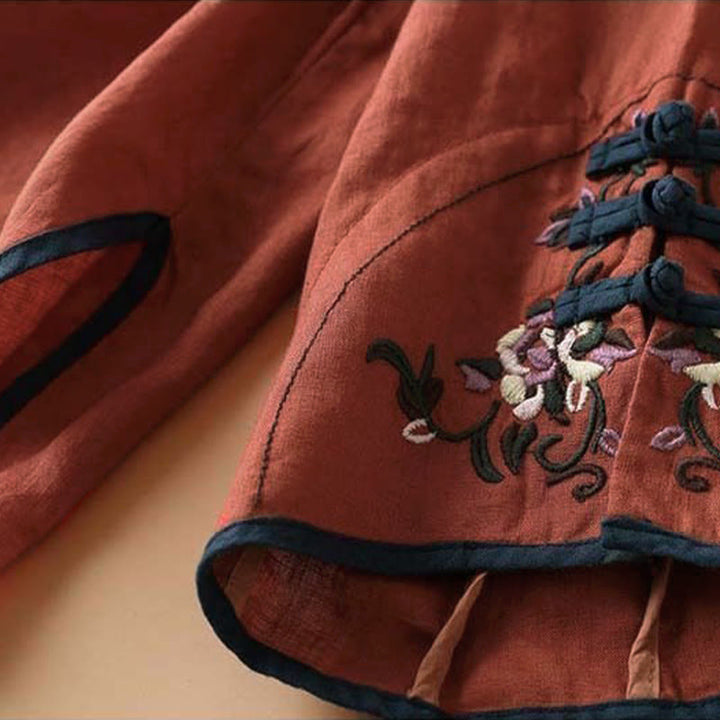 Chemise à manches longues en coton et lin pour femme avec broderie de fleurs rétro et Buddha Stones - image 5