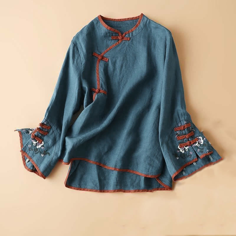 Chemise à manches longues pour femme avec broderie florale rétro en Buddha Stones - SteelBlue - US12, UK/AU16, EU44 (4XL) - image 10