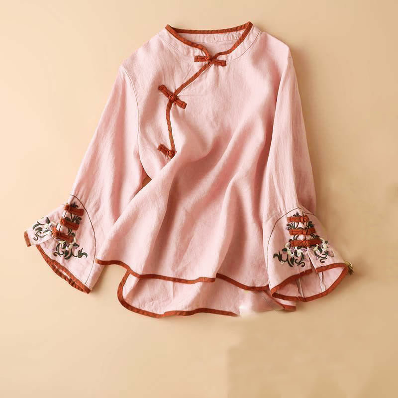 Chemise à manches longues en coton et lin pour femme avec broderie de fleurs rétro et Buddha Stones - Rose - US12, UK/AU16, EU44 (4XL) - image 13
