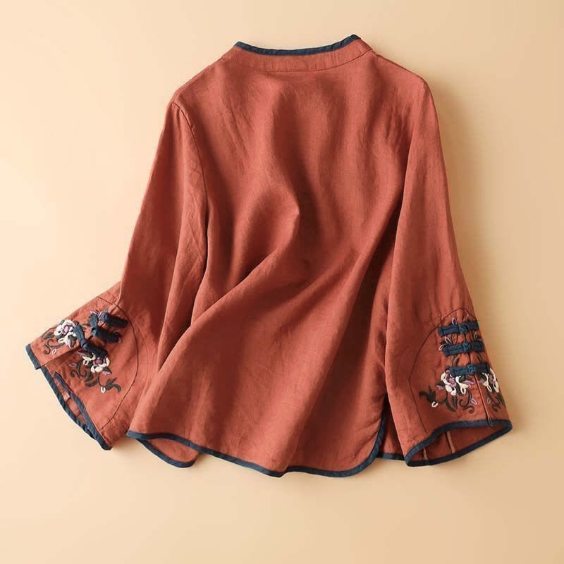 Chemise à manches longues pour femme avec broderie florale rétro en Buddha Stones - image 1