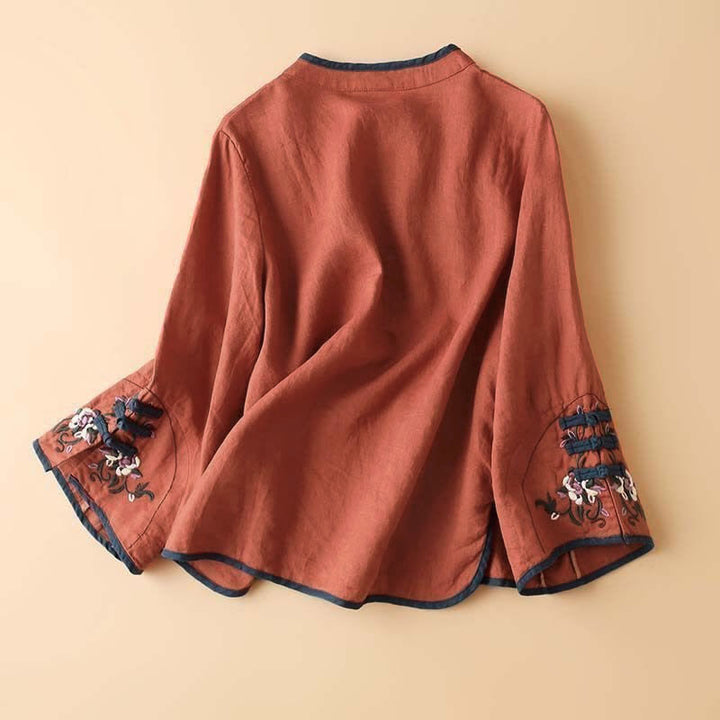 Chemise à manches longues pour femme avec broderie florale rétro en Buddha Stones - image 1