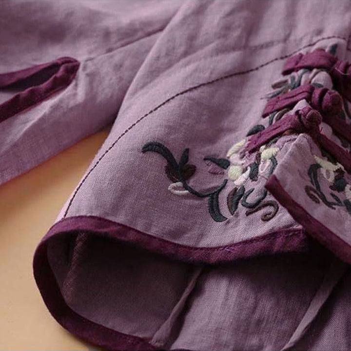 Chemise à manches longues en coton et lin pour femme avec broderie de fleurs rétro et Buddha Stones - image 20