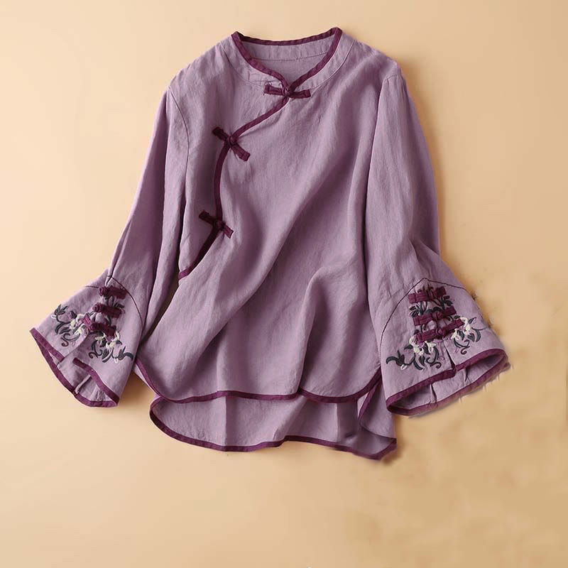 Chemise à manches longues en coton et lin pour femme avec broderie de fleurs rétro et Buddha Stones - Violet - US12, UK/AU16, EU44 (4XL) - image 16