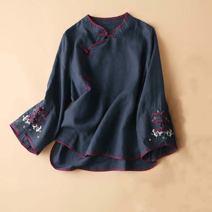 Chemise à manches longues pour femme avec broderie florale rétro en Buddha Stones - Bleu ardoise foncé - US12, UK/AU16, EU44 (4XL) - image 21