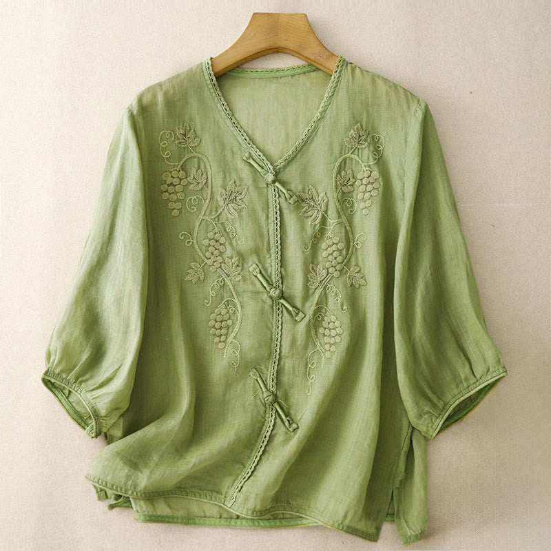 Buddha Stones Chemise en coton pour femme à manches trois-quarts, ornée de dentelle et de motifs de raisins brodés. Fermeture à boutons brandebourg. - Vert citron - US8-10，UK/AU12-14，EU40-42 (2XL) - image 0