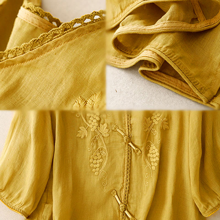 Buddha Stones Chemise en coton pour femme à manches trois-quarts, ornée de dentelle et de motifs de raisins brodés. Fermeture à boutons brandebourg. - image 13