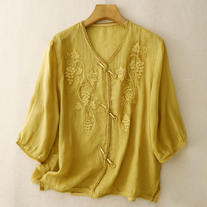 Buddha Stones Chemise en coton pour femme à manches trois-quarts, ornée de dentelle et de motifs de raisins brodés. Fermeture à boutons brandebourg. - Or - US8-10，UK/AU12-14，EU40-42 (2XL) - image 9