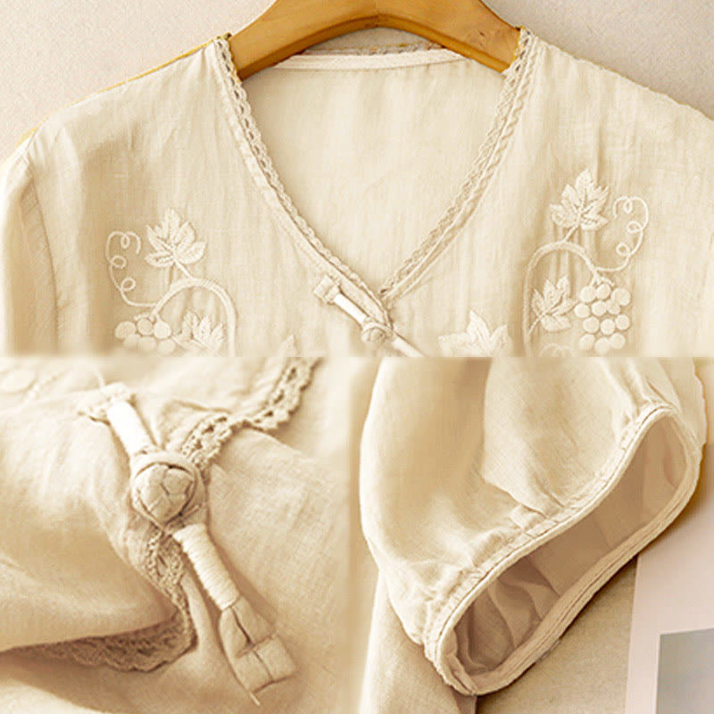 Buddha Stones Chemise en coton pour femme à manches trois-quarts, ornée de dentelle et de motifs de raisins brodés. Fermeture à boutons brandebourg. - image 8