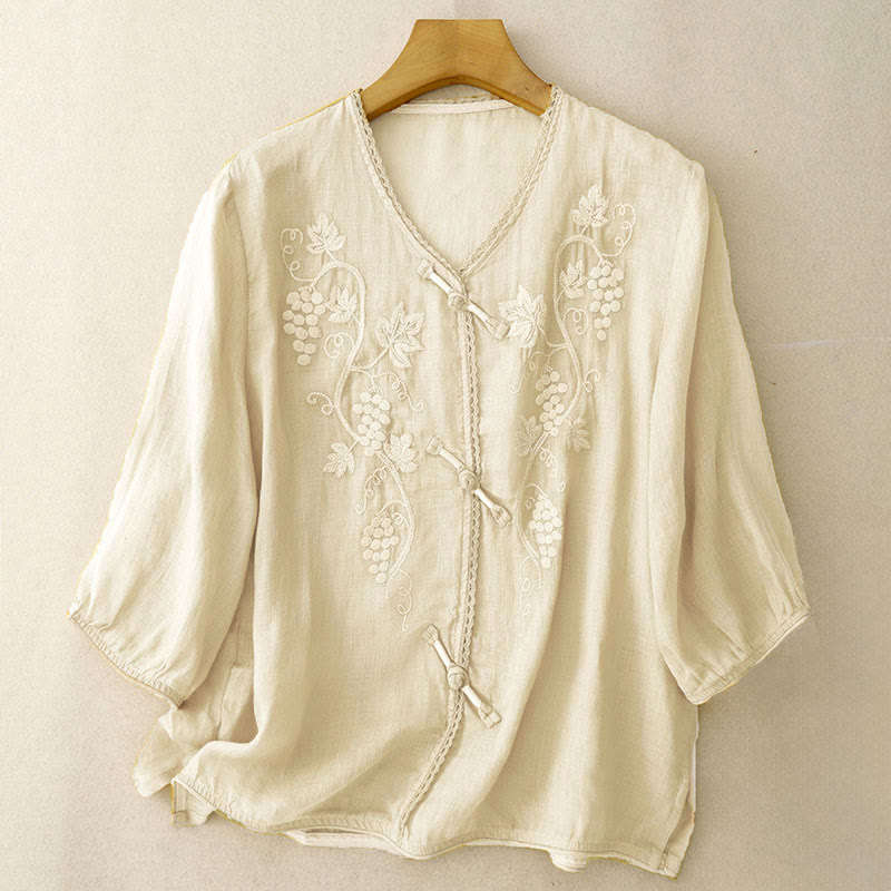Buddha Stones Chemise en coton pour femme à manches trois-quarts, ornée de dentelle et de motifs de raisins brodés. Fermeture à boutons brandebourg. - Jaune doré clair - US8-10，UK/AU12-14，EU40-42 (2XL) - image 5