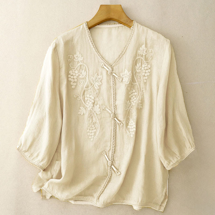 Buddha Stones Chemise en coton pour femme à manches trois-quarts, ornée de dentelle et de motifs de raisins brodés. Fermeture à boutons brandebourg. - Jaune doré clair - US8-10，UK/AU12-14，EU40-42 (2XL) - image 5