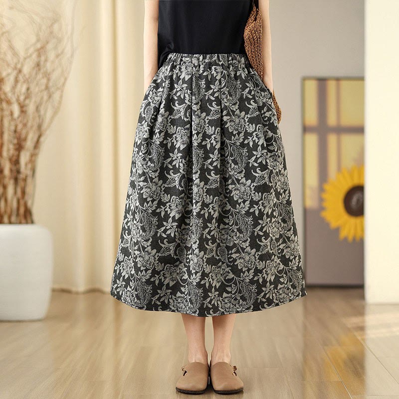 Buddha Stones Jupe femme en coton imprimé cachemire à motif floral et coupe trapèze, taille élastique et poches - image 0