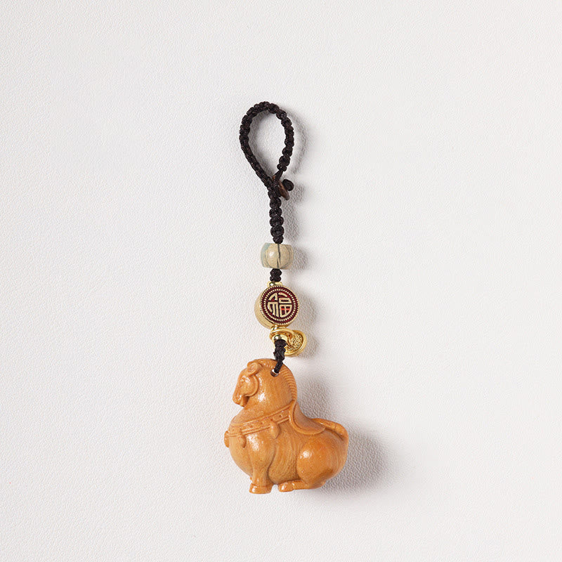 Buddha Stones Porte-clés équilibre en bois de santal rouge, motif Fu, année du Cheval - Santal - image 7