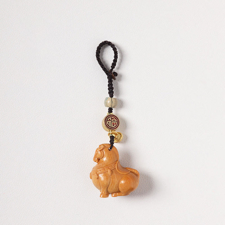 Buddha Stones Porte-clés équilibre en bois de santal rouge, motif Fu, année du Cheval - Santal - image 7