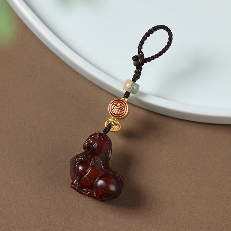 Buddha Stones Porte-clés équilibre en bois de santal rouge, motif Fu, année du Cheval - Santal rouge à petites feuilles - image 0