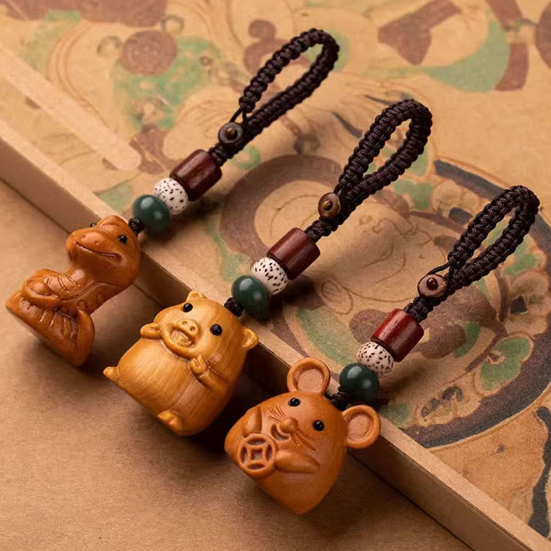 Buddha Stones Porte-clés de bénédiction « Année du Cheval » en bois de santal rouge, étoile, lune et graine de Bodhi - image 51