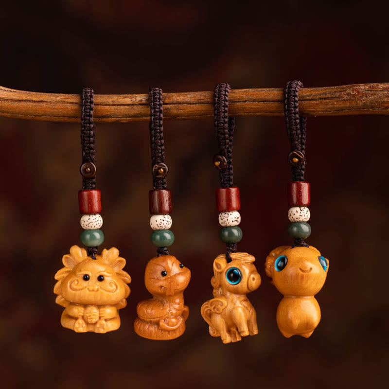 Buddha Stones Porte-clés de bénédiction « Année du Cheval » en bois de santal rouge, étoile, lune et graine de Bodhi - image 52
