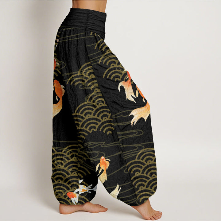Pantalon harem pour femme en pur coton, motif vagues en éventail, orné de Buddha Stones et de carpes koï rouges. - image 10