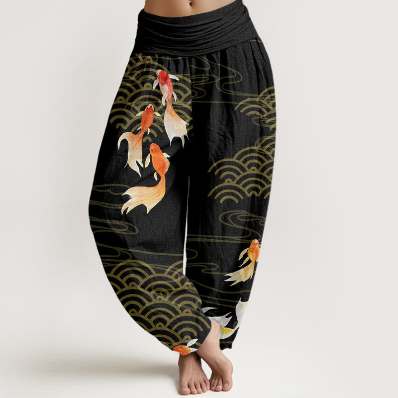 Pantalon harem pour femme en pur coton, motif vagues en éventail, orné de Buddha Stones et de carpes koï rouges. - Noir - US16，UK/AU20，EU48 (3XL) - image 8