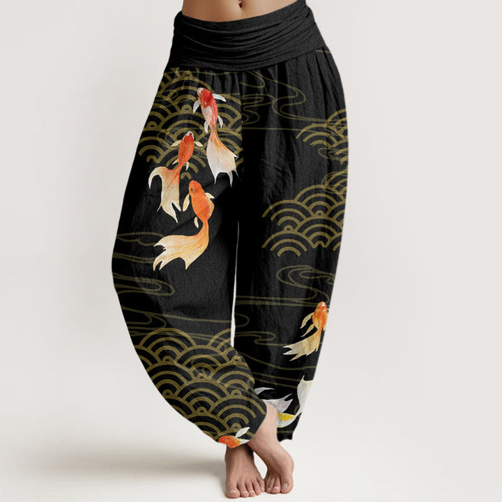 Pantalon harem pour femme en pur coton, motif vagues en éventail, orné de Buddha Stones et de carpes koï rouges. - Noir - US16，UK/AU20，EU48 (3XL) - image 8