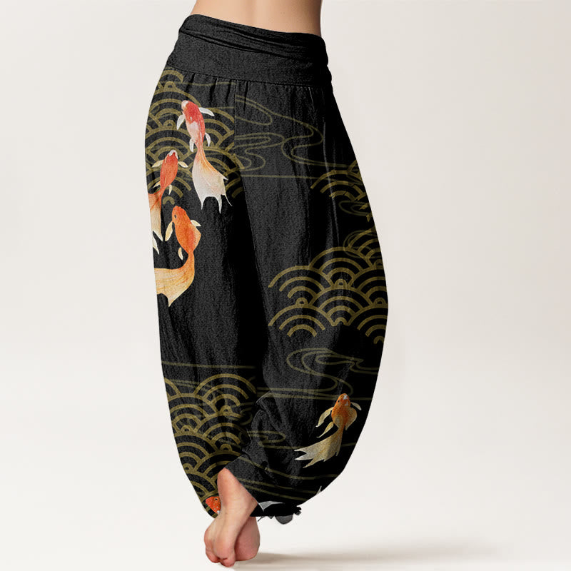 Pantalon harem pour femme en pur coton, motif vagues en éventail, orné de Buddha Stones et de carpes koï rouges. - image 9