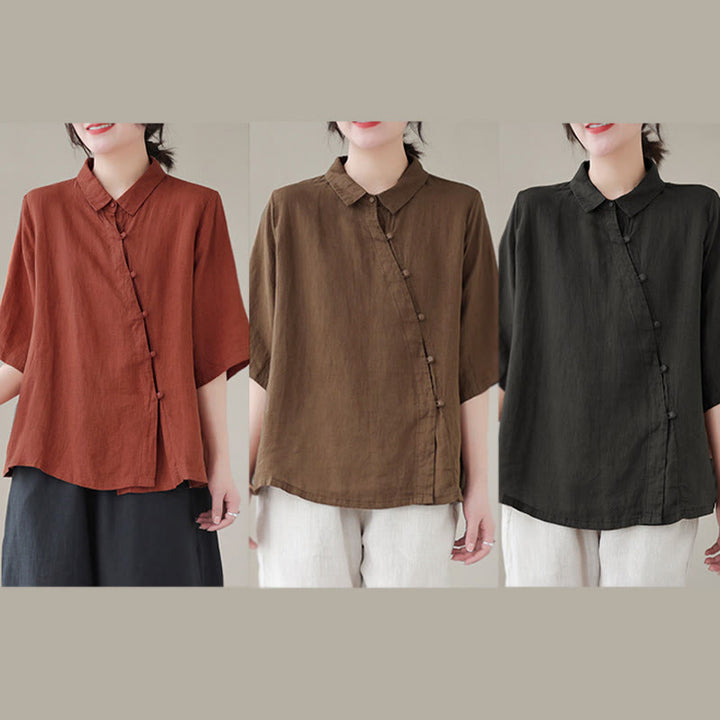 Buddha Stones Chemise en coton pour femme, manches trois-quarts, patte de boutonnage diagonale avec revers brandebourg - image 19