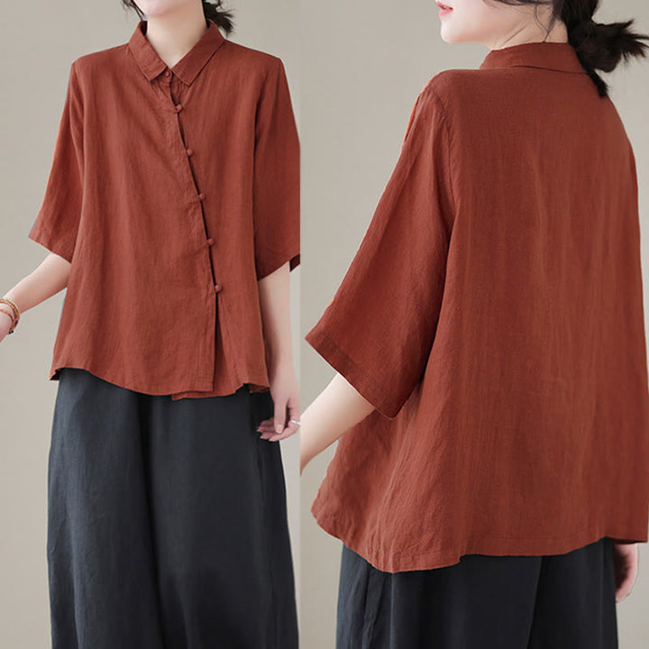 Buddha Stones Chemise en coton pour femme, manches trois-quarts, patte de boutonnage diagonale avec revers brandebourg - image 4