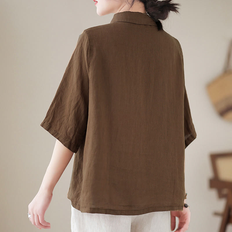 Buddha Stones Chemise en coton pour femme, manches trois-quarts, patte de boutonnage diagonale avec revers brandebourg - image 15