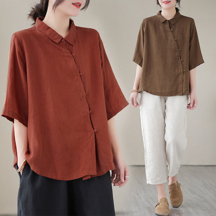 Buddha Stones Chemise en coton pour femme, manches trois-quarts, patte de boutonnage diagonale avec revers brandebourg - image 18