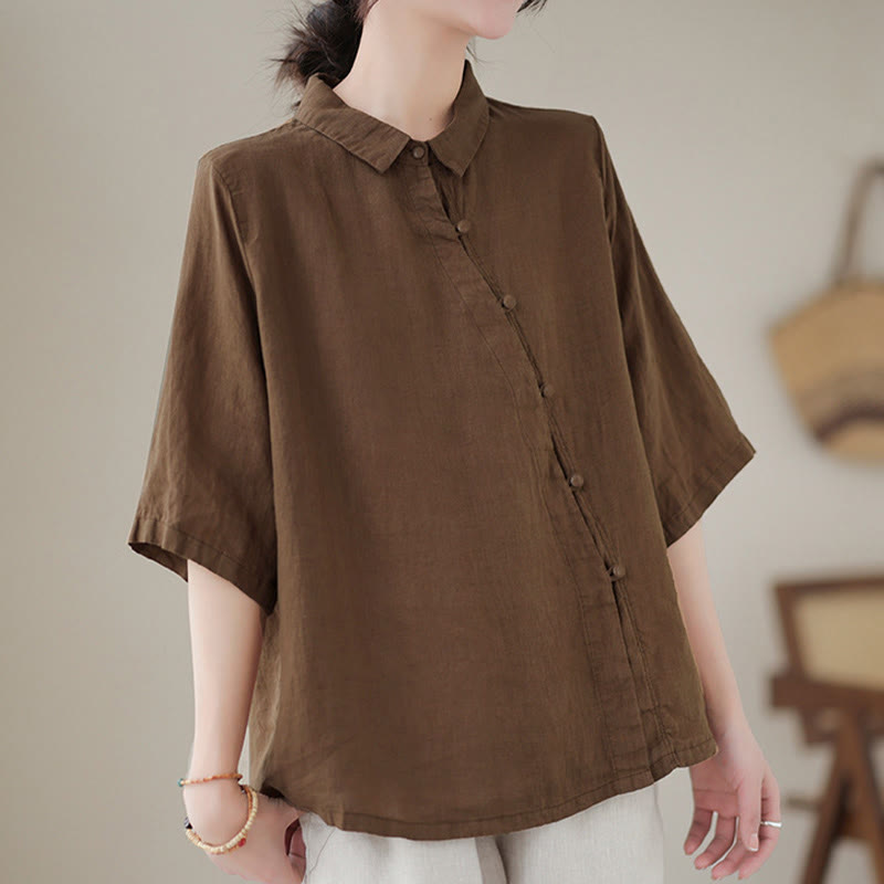 Buddha Stones Chemise en coton pour femme, manches trois-quarts, patte de boutonnage diagonale avec revers brandebourg - image 16