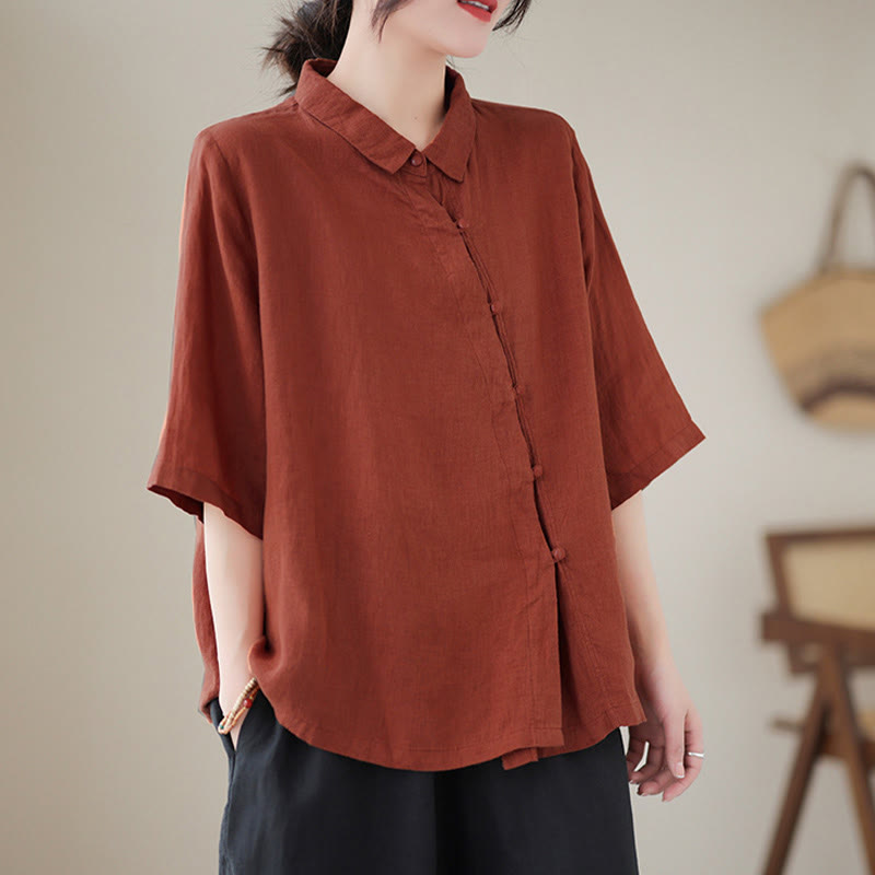 Buddha Stones Chemise en coton pour femme, manches trois-quarts, patte de boutonnage diagonale avec revers brandebourg - image 2