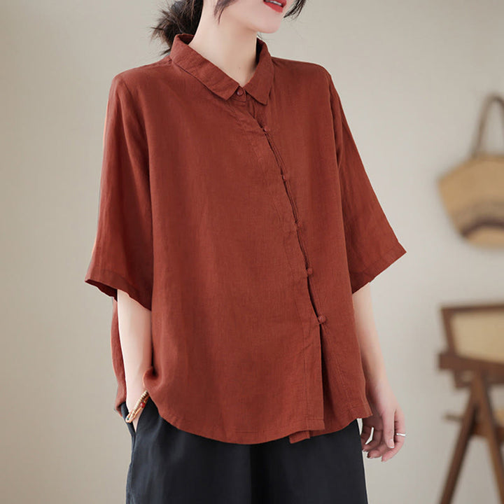 Buddha Stones Chemise en coton pour femme, manches trois-quarts, patte de boutonnage diagonale avec revers brandebourg - image 2