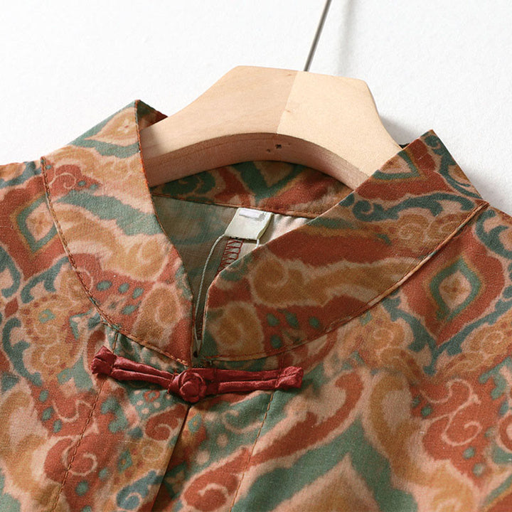 Buddha Stones Chemise femme à manches longues, col montant, boutons grenouille imprimés, poches - image 2