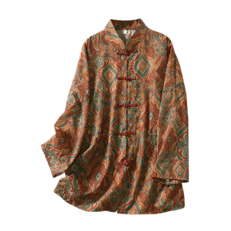 Buddha Stones Chemise femme à manches longues, col montant, boutons grenouille imprimés, poches - image 11
