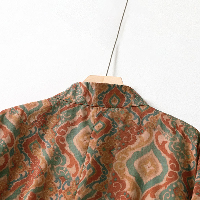 Buddha Stones Chemise femme à manches longues, col montant, boutons grenouille imprimés, poches - image 3