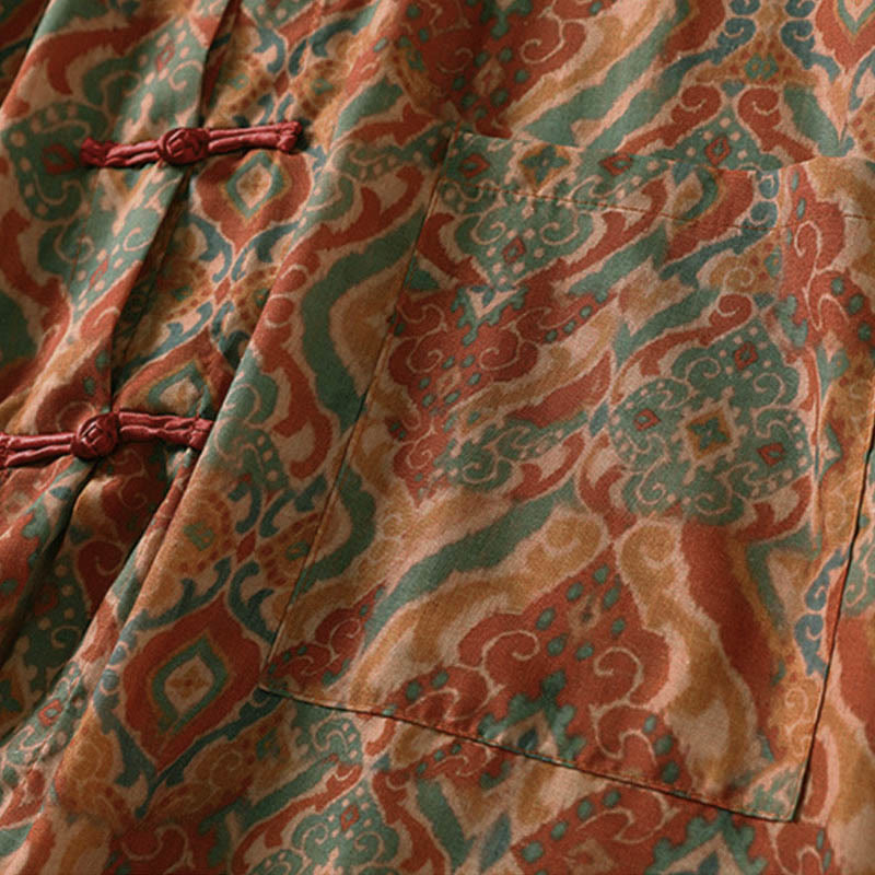 Buddha Stones Chemise femme à manches longues, col montant, boutons grenouille imprimés, poches - image 5