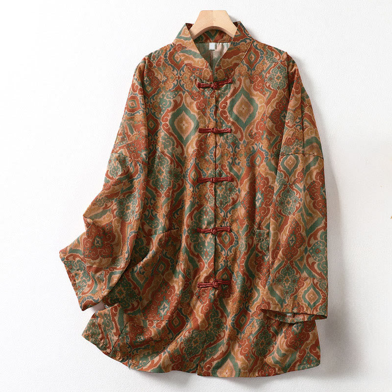 Buddha Stones Chemise femme à manches longues, col montant, boutons grenouille imprimés, poches - Pérou - US12，UK/AU16，EU44 (XL) - image 0