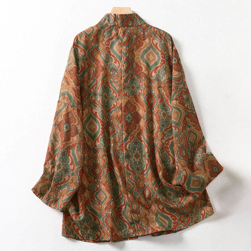 Buddha Stones Chemise femme à manches longues, col montant, boutons grenouille imprimés, poches - image 1