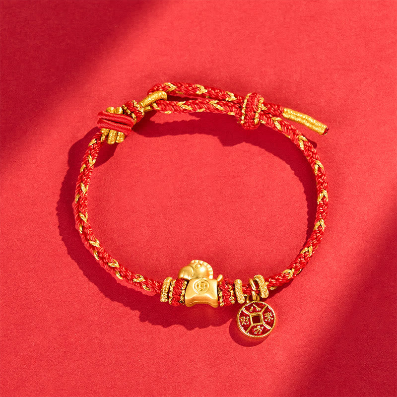 Buddha Stones Bracelet porte-bonheur en cuivre et ficelle rouge, année du Cheval - Pièce de cuivre Cheval (Tour de poignet : 13-22 cm) - image 0