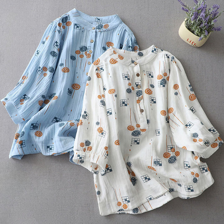 Buddha Stones Chemise en coton pour femme, imprimée, à demi-boutons et manches trois-quarts froncées. - image 18