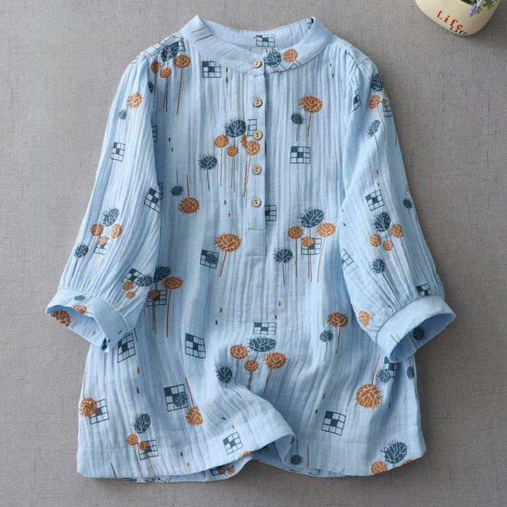 Buddha Stones Chemise en coton pour femme, imprimée, à demi-boutons et manches trois-quarts froncées. - Bleu ciel clair - US6，UK/AU10，EU38 (XL) - image 11