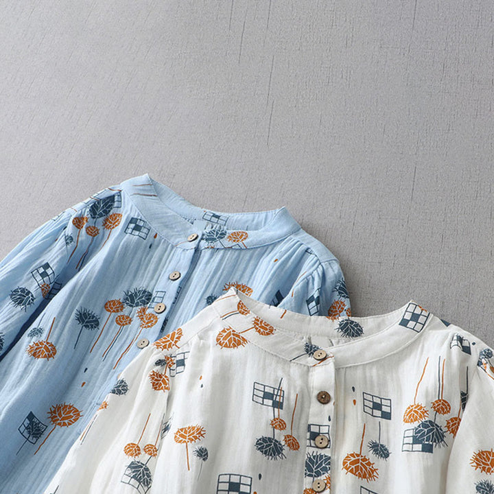 Buddha Stones Chemise en coton pour femme, imprimée, à demi-boutons et manches trois-quarts froncées. - image 19