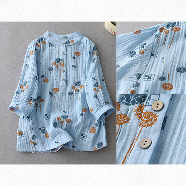 Buddha Stones Chemise en coton pour femme, imprimée, à demi-boutons et manches trois-quarts froncées. - image 17