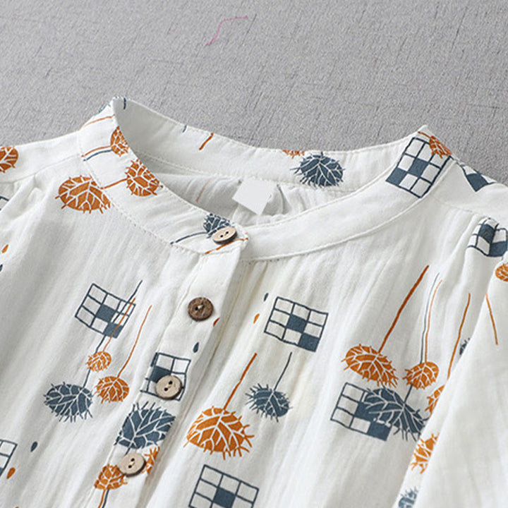 Buddha Stones Chemise en coton pour femme, imprimée, à demi-boutons et manches trois-quarts froncées. - image 2