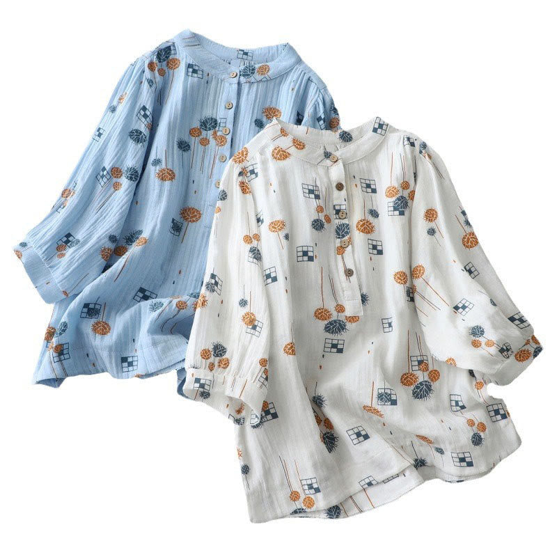 Buddha Stones Chemise en coton pour femme, imprimée, à demi-boutons et manches trois-quarts froncées. - image 21