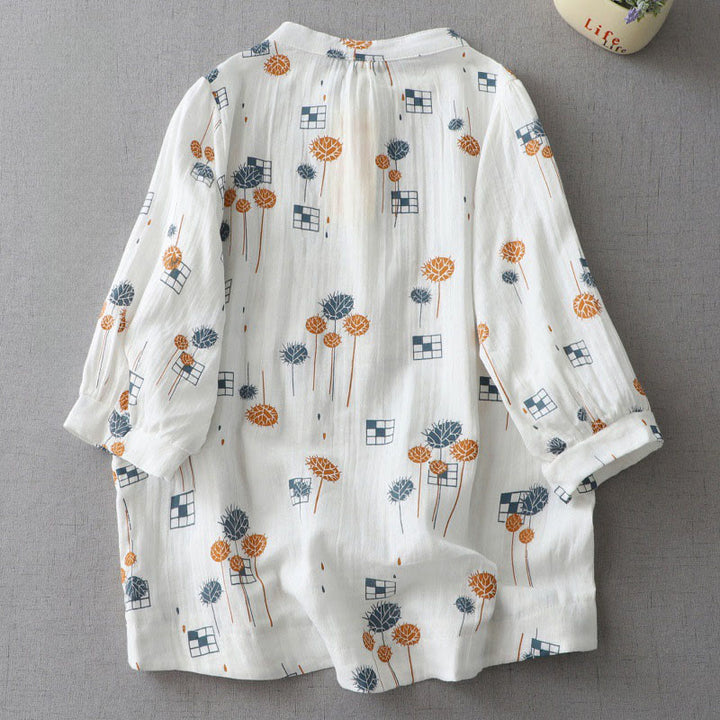 Buddha Stones Chemise en coton pour femme, imprimée, à demi-boutons et manches trois-quarts froncées. - image 1