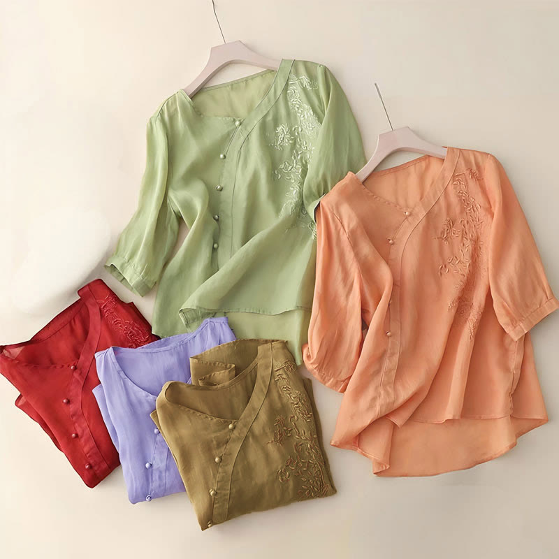 Chemise décontractée ample à manches courtes et boutons grenouille brodés de fleurs Buddha Stones pour femme - image 8