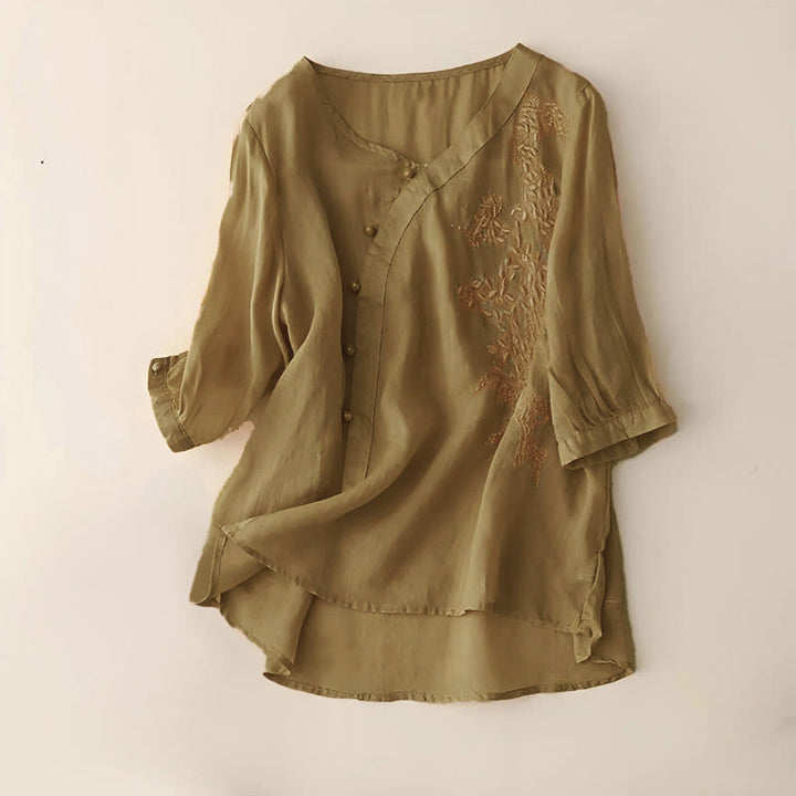 Chemise décontractée ample à manches courtes et boutons grenouille brodés de fleurs Buddha Stones pour femme - DarkGoldenrod - US14，UK/AU18，EU46 (4XL) - image 5