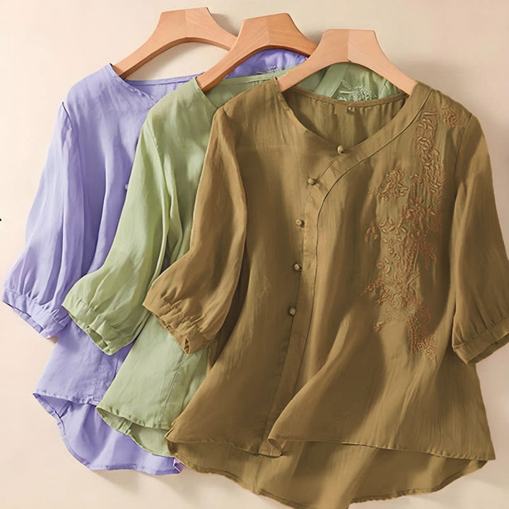 Chemise décontractée ample à manches courtes et boutons grenouille brodés de fleurs Buddha Stones pour femme - image 9
