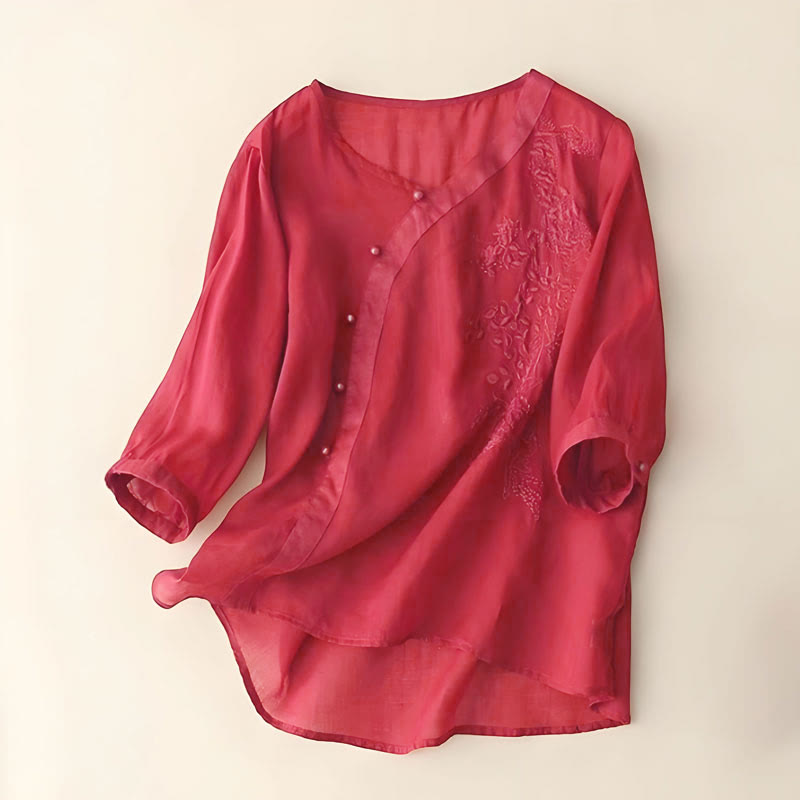 Chemise décontractée ample à manches courtes et boutons grenouille brodés de fleurs Buddha Stones pour femme - FireBrick - US14，UK/AU18，EU46 (4XL) - image 4